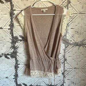 Lace linen Trimmed Tan Wrap Top